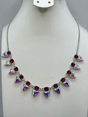 Silver Tone Pink AB Crystal Triangle Fringe Necklace Statement Sparkle
